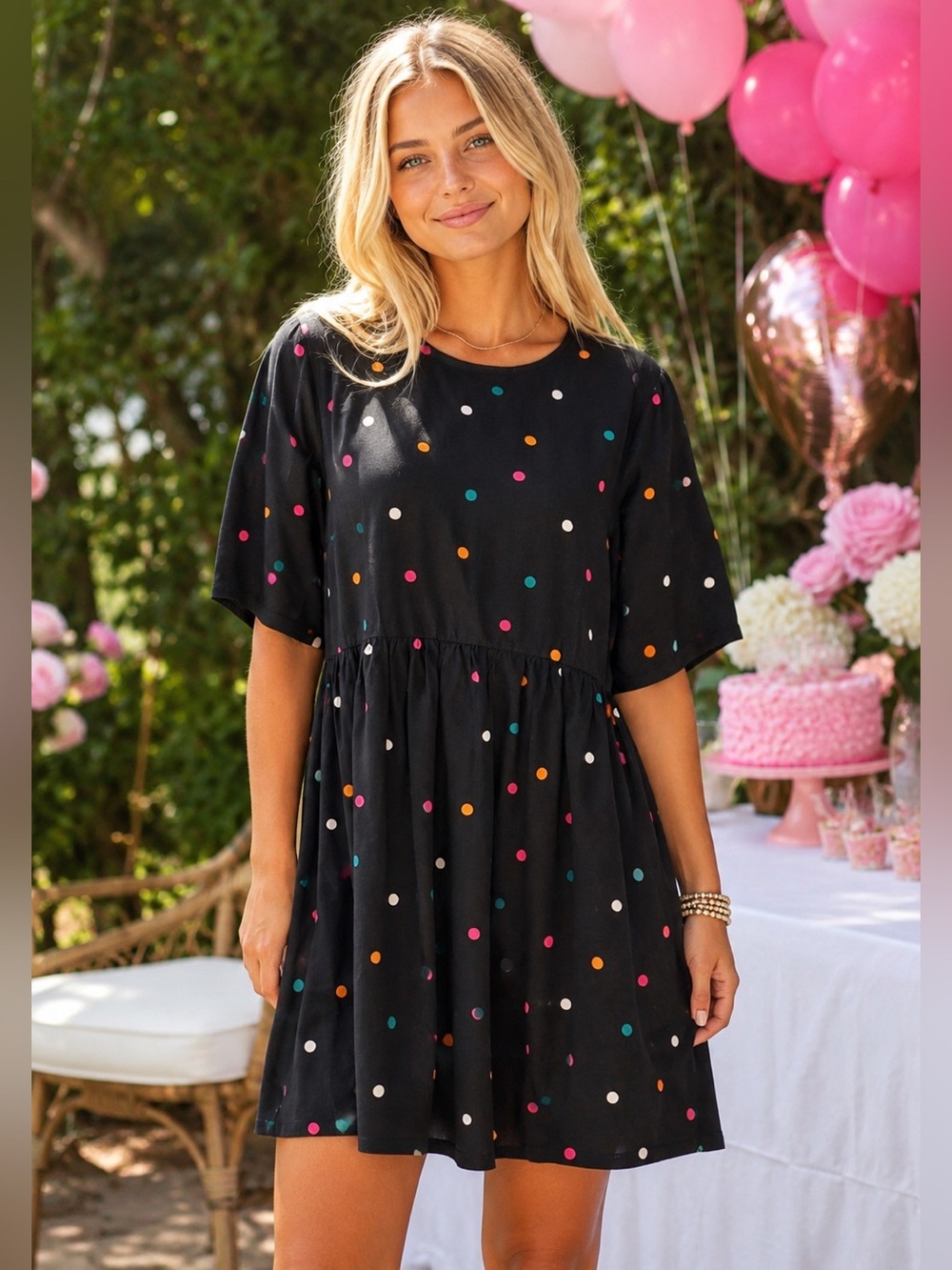 ASOS Black Polkadot Smock Shift Dress Sz 8 M Dark Fairy Party Girly Flirty Boho